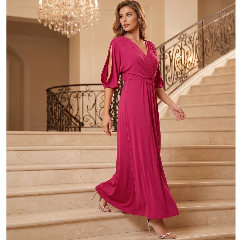 KOH KOH Formal Wrap Maxi Dress XL New Fuchsia Magenta Pink V-Neck Cocktail NT026